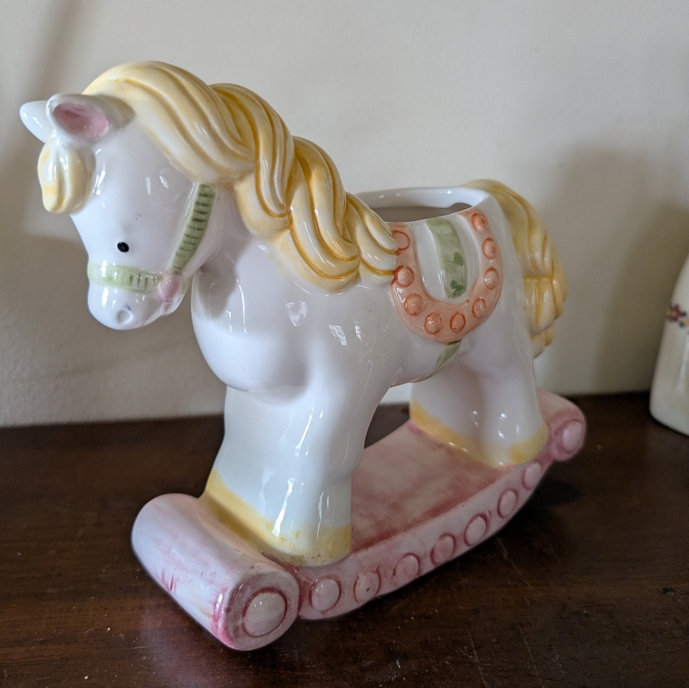 Vintage 1985 Enesco Baby Girl’s Rocking Horse Planter White Pink Cottagecore